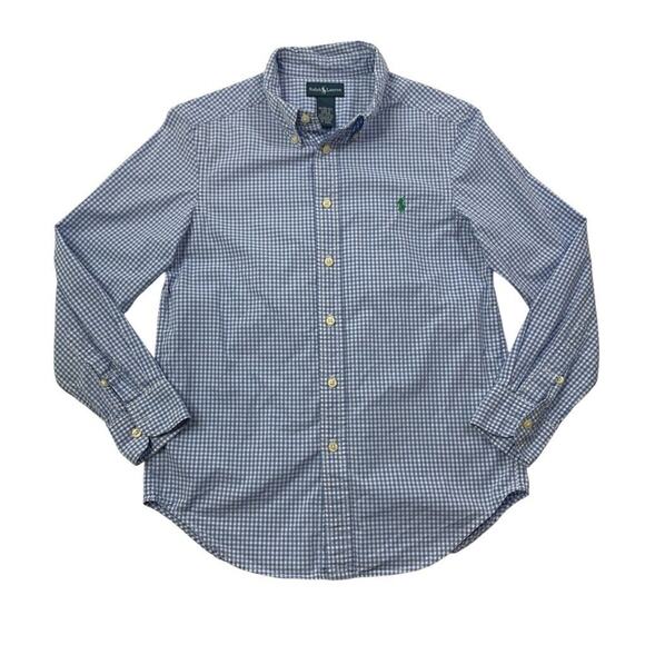 Ralph Lauren Shirt Youth Boys M Medium Blue Jay White Gingham Plaid Button Down - Picture 1 of 10